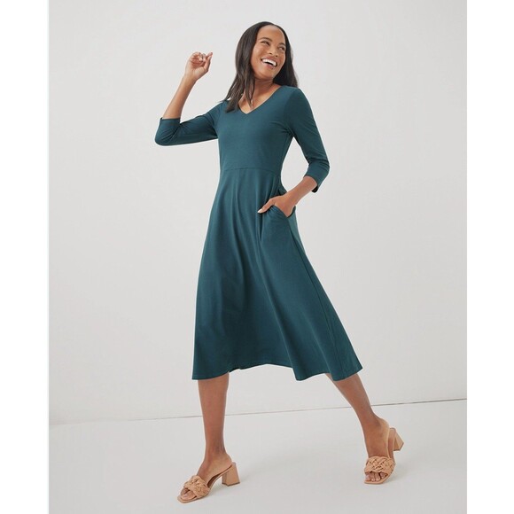 Pact Dakota Green Organic Cotton Side Pockets 3/4 Sleeve Midi Dress Sz M Office - Picture 1 of 9